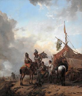 Soldiers carousing with a serving woman outside a tent