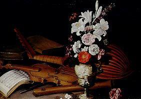 Quiet life with flowers and musical instrument