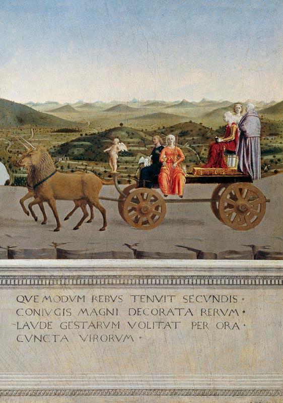 Triumph car pulled by two unicorns. Backside of Federico da Montefeltro portrait from Piero della Francesca
