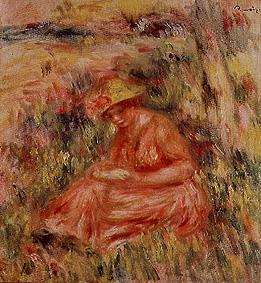 Young woman with hat in a reddish landscape. from Pierre-Auguste Renoir