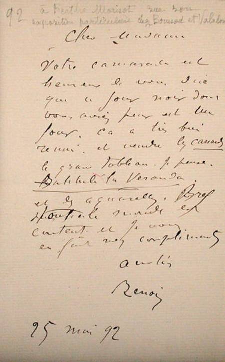 Letter from Renoir to Berthe Morisot (1841-95) regarding her first exhibition from Pierre-Auguste Renoir