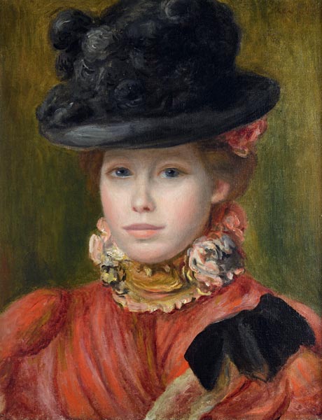 Girl in black hat with red flowers from Pierre-Auguste Renoir