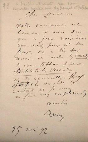 Letter from Renoir to Berthe Morisot (1841-95) regarding her first exhibition