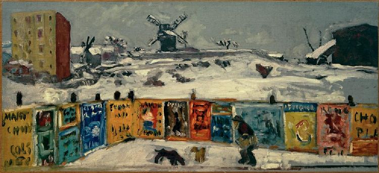 Bauzaun, mit Plakaten beklebt, und die alten Mühlen am Montmartre im Schnee from Pierre Bonnard