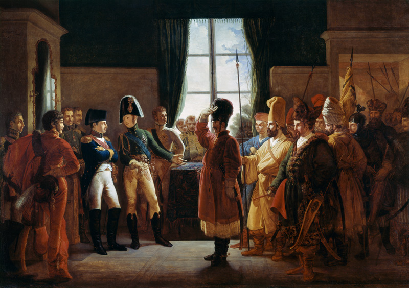 Tsar Alexander I presenting the Kalmyks, Cossacks and Bashkirs of Russian army to Napoleon I, Tilsit from Pierre-Nolasque Bergeret
