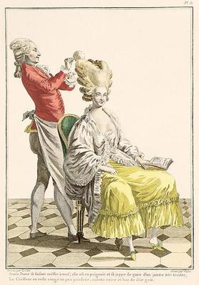 A Young Woman in a Peignoir with her Hairdresser, plate 31 from 'Galerie des Modes et Costumes Franc