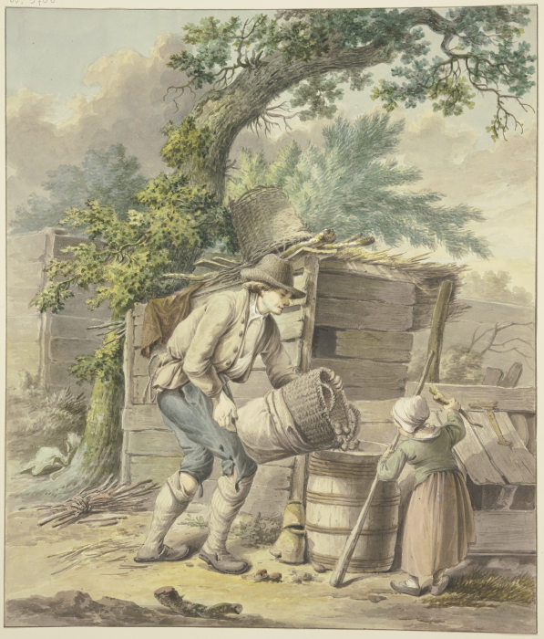 Ein Bauer schüttet Kartoffeln in ein Faß, dabei hilft ein Kind from Pieter Bartholomeusz. Barbiers