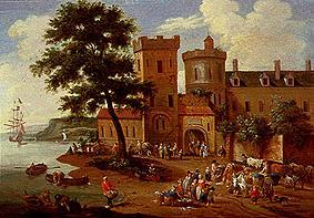 Landscape in front of a small castle with fisherman scene from Pieter Bout