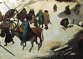 The national census to Bethlehem. Detail below middle (woman riding on a donkey) from Pieter Brueghel the Elder