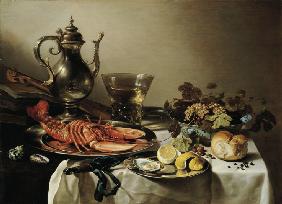 Table with lobster, silver jug, big Berkemeyer, fruit bowl, violin and books