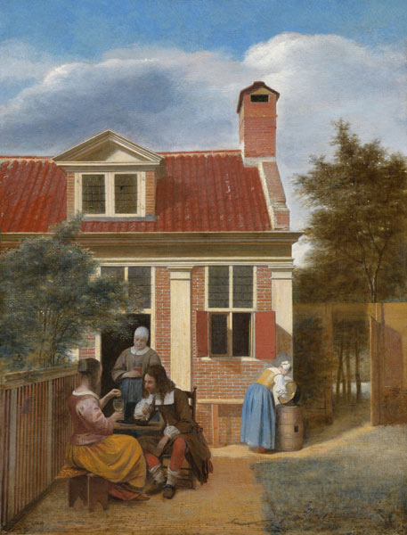 A company in the courtyard behind a house from Pieter de Hooch