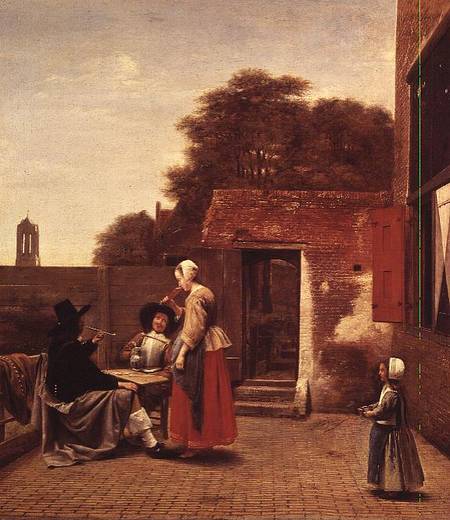 Two Soldiers and a Woman Drinking in a Courtyard from Pieter de Hooch