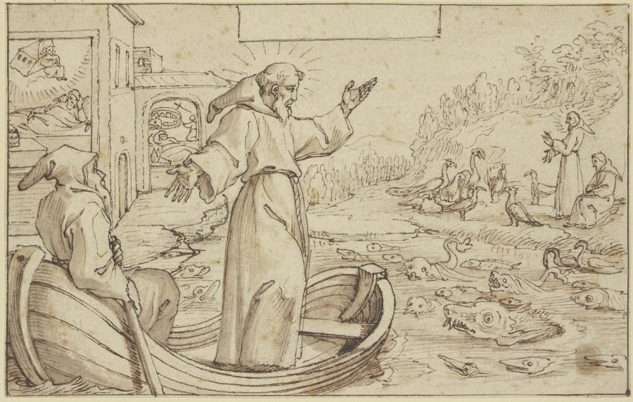 Der Heilige Franziskus predigt den Tieren, unterdessen träumt Papst Innozenz III. von der Rettung de from Pieter de Jode I