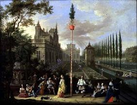 Elegant figures playing musical instruments around a maypole  (for detail see 86499)