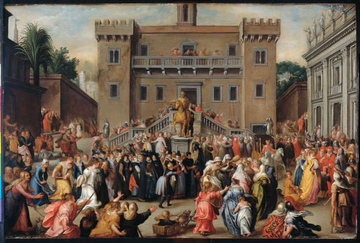 The inertia of the Roman women at the Capitol in Rome after the occurrence of the small Papirius from Pieter Isaacsz