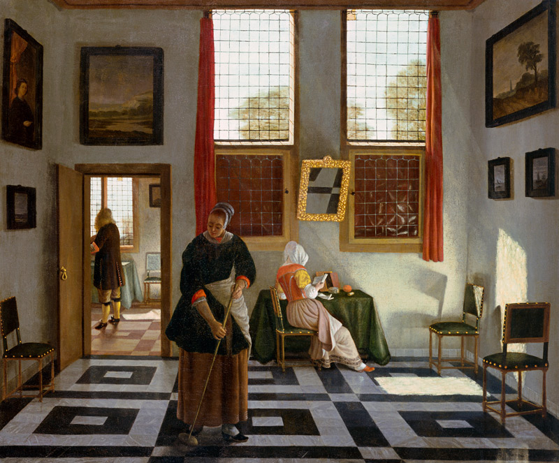 Interior with Painter, Woman Reading and Maid Sweeping from Pieter Janssens