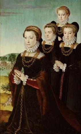 Die Frau des Stifters Anselm Boetius, Johanna Voet, mit drei Töchtern