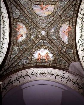 The semicircular ionic portico, detail of the ceiling vault decorated with putti in a garden