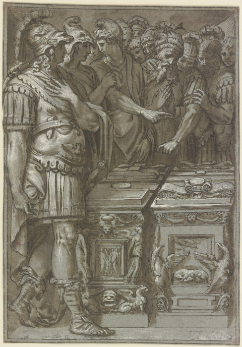 Alexander der Große mit vielen Personen bei zwei Altären stehend from Polidoro da Caravaggio