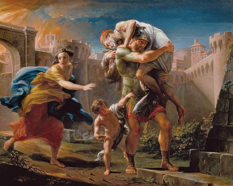 Aeneas and his family running away from the city of Troy from Pompeo Girolamo Batoni