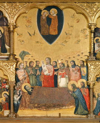 Polyptych of the Dormition of the Virgin, detail of the Dormition and Coronation (tempera on panel) from Pseudo Jacopino  di Francesco
