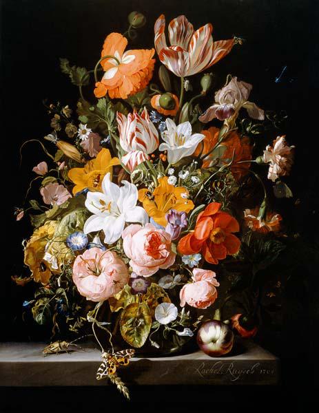 Still life of roses, lilies, tulips and other flowers in a glass vase with a Brindled Beauty on a st