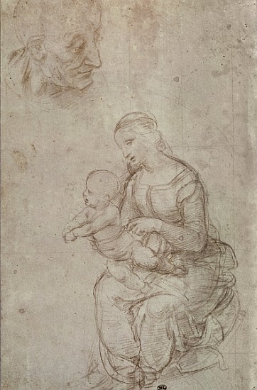 Madonna and child and head of an old man (metal point on prepared pale pink paper) from Raffaello Sanzio da Urbino
