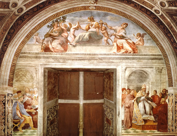 The Judicial Virtues: Pope Gregory IX approving the Vatical Decretals; Justinian handing the Pandect from Raffaello Sanzio da Urbino