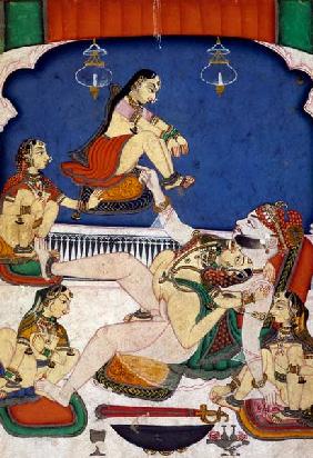 'Bull among the Cows' from 'the Kama Sutra'; a Prince enjoying five women, Kotah, Rajasthan
