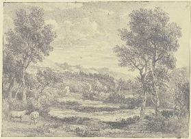 Baumreiche Landschaft mit zwei Schafen im Vordergrund