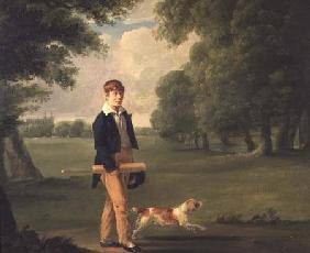 Young Man with a Cricket Bat Walking a Spaniel in the Grounds of Eton College