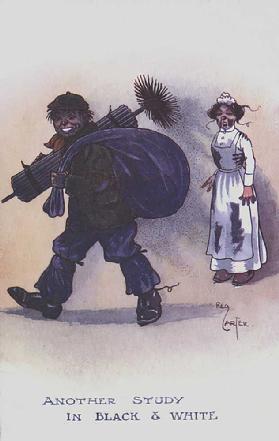 A chimney sweep gets soot over the white uniform of a housemaid