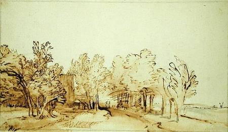 Avenue with a footpath and a farmhouse on the left from Rembrandt van Rijn