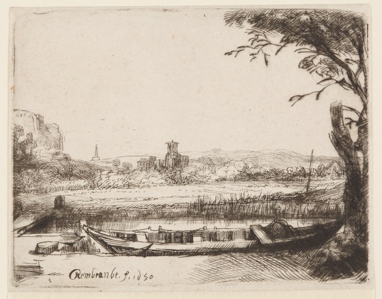 Casnal with a large boat and a Bridge from Rembrandt van Rijn