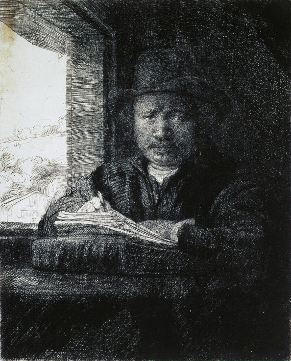 Self-Portrait Drawing by a Window from Rembrandt van Rijn