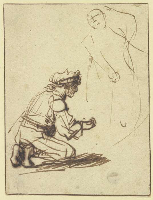 Vor einer nur angedeuteten Gestalt kniender Mann from Rembrandt van Rijn