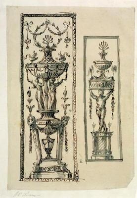 Sketched designs for ornate panels (pen & ink and wash)