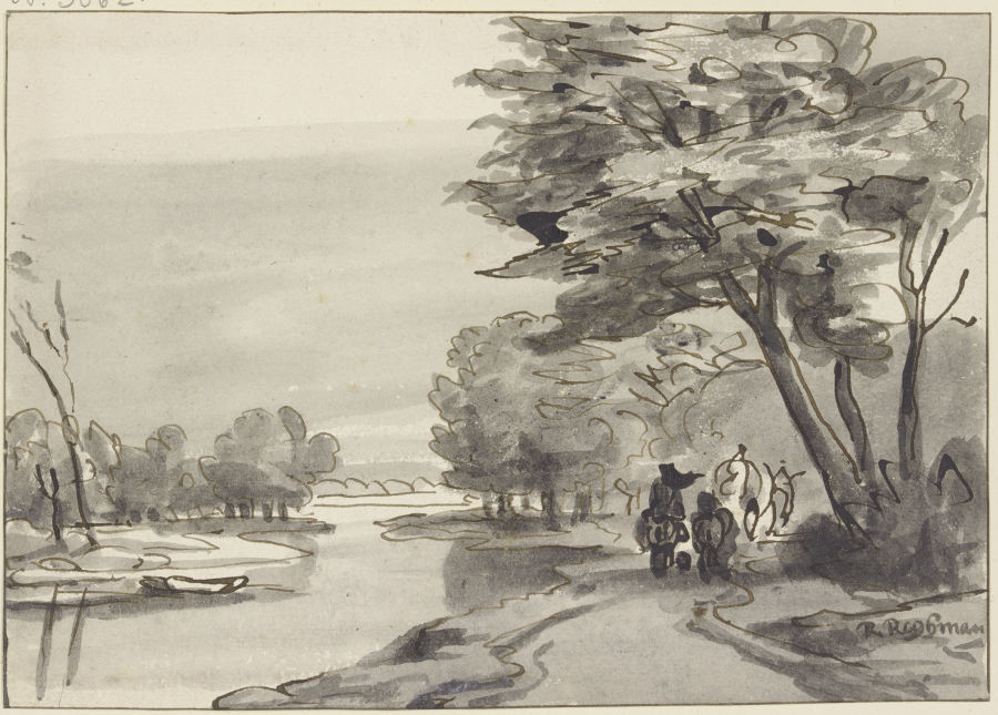 Fluss mit waldigem Ufer, rechts ein Wagen und Reiter from Roelant Roghman
