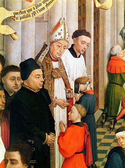 The Seven Sacraments Altarpiece, detail of Jean Chevrot (1400-60) Bishop of Tournai confirming a boy from Rogier van der Weyden