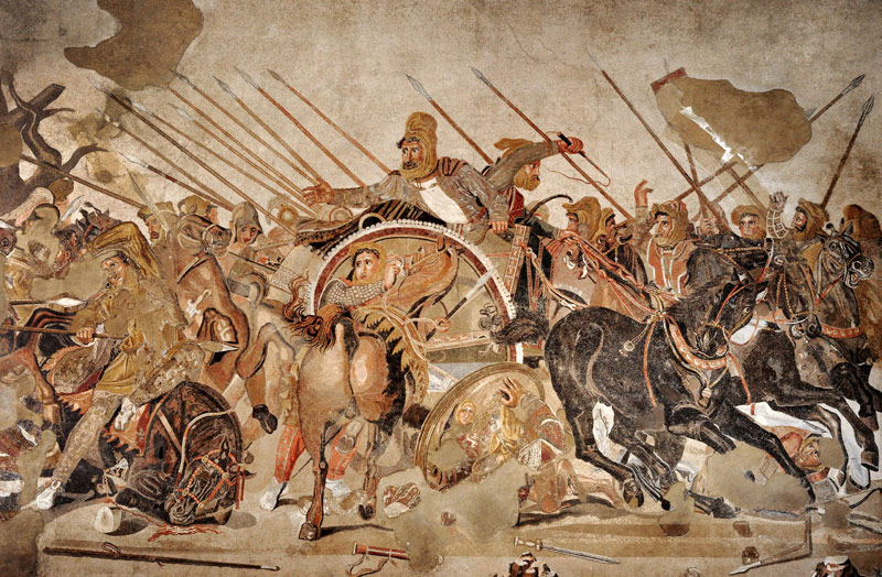 The Alexander Mosaic, detail depicting the Darius III (399-330 BC) at the Battle of Issus against Al from Roman