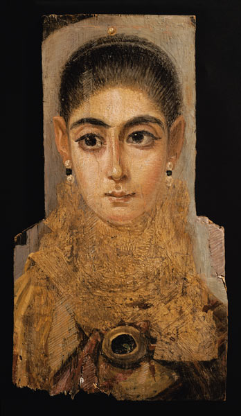 Portrait of a woman wearing a gold pectoral, tomb decoration, from Fayum, 120-130 AD (encaustic wax from Roman Period Egyptian