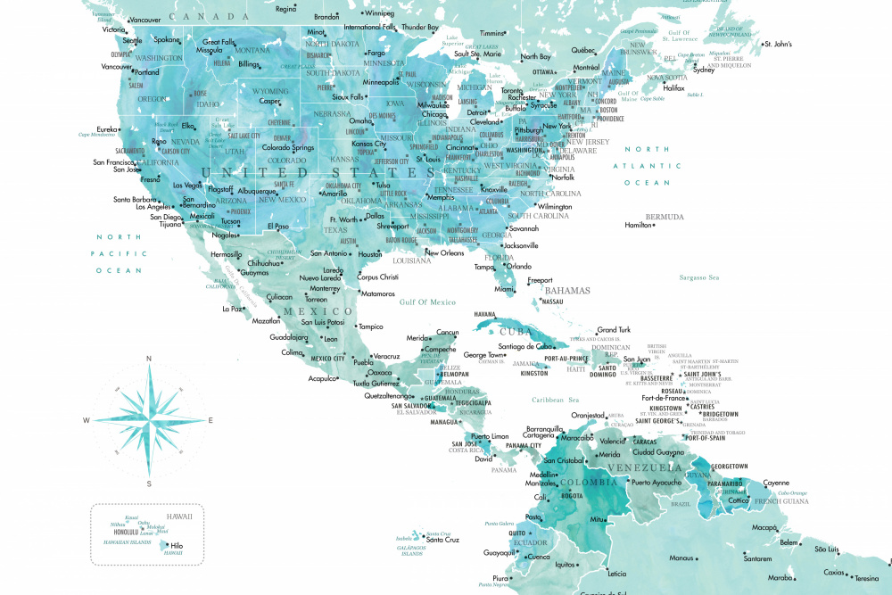 Aquamarine map of USA and Mexico from Rosana Laiz Blursbyai