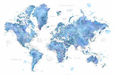 Blue watercolor world map with cities, Simeon