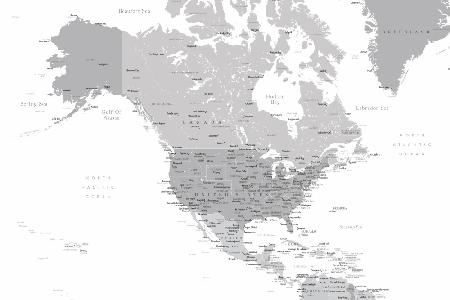 Gray map of North America with cities