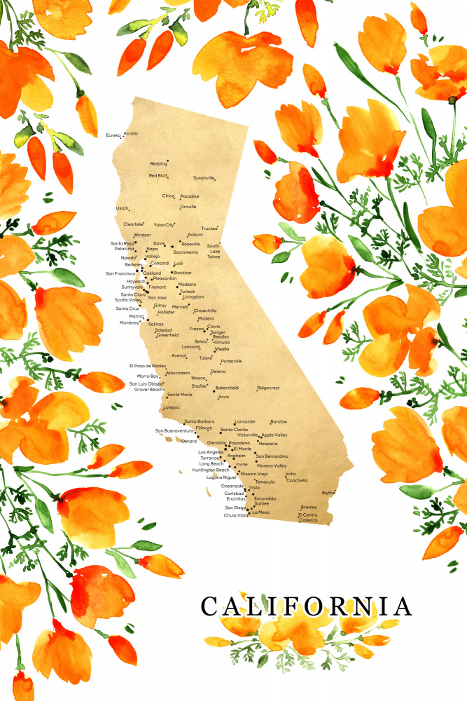California map with watercolor poppies from Rosana Laiz Blursbyai