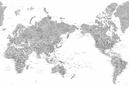 Pacific centered world map in gray watercolor