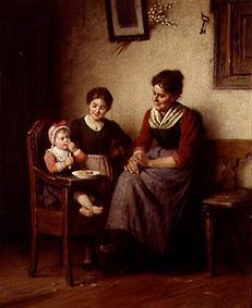 Mother with two children in the farmhouse parlour