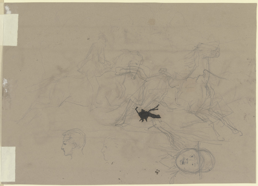 Zwei galoppierende Pferde mit einem Reiter, drei Profilköpfe, ein Kopf en face (Karrikatur) from Rudolf Friedrich August Henneberg
