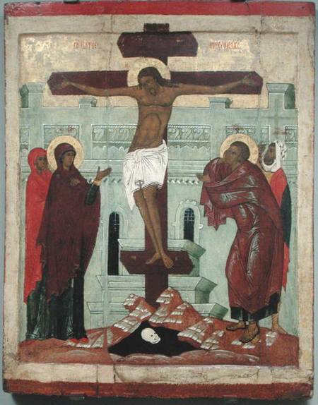 Icon depicting the Crucifixion with the Virgin, Mary Magdalene, St. John and the Centurion Longinus, from Russian School