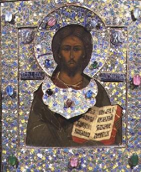 Christ Pantocrator, icon  panel with gilt and cloisonne enamel frame)